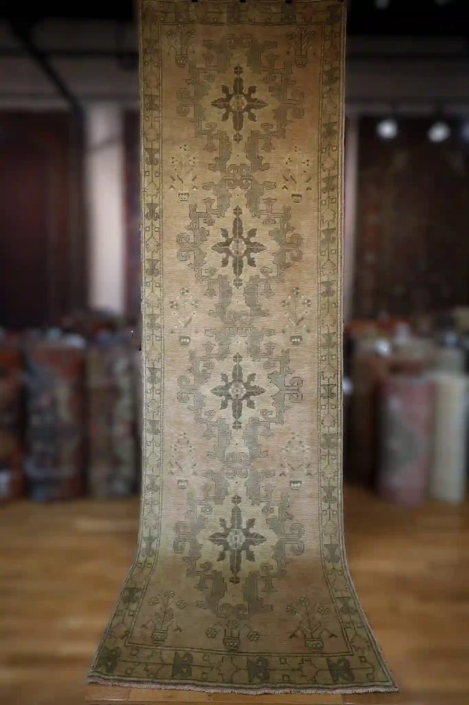 4′ x 13′ Beige Fine Hand-Knotted Vintage Turkish Oushak Runner – Traditional Wool
