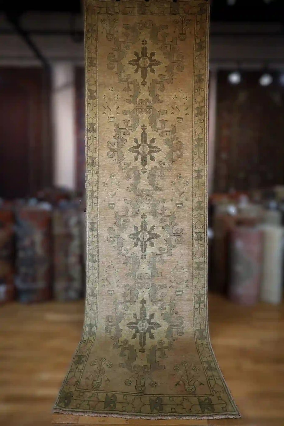 4′ x 13′ Beige Fine Hand-Knotted Vintage Turkish Oushak Runner – Traditional Wool