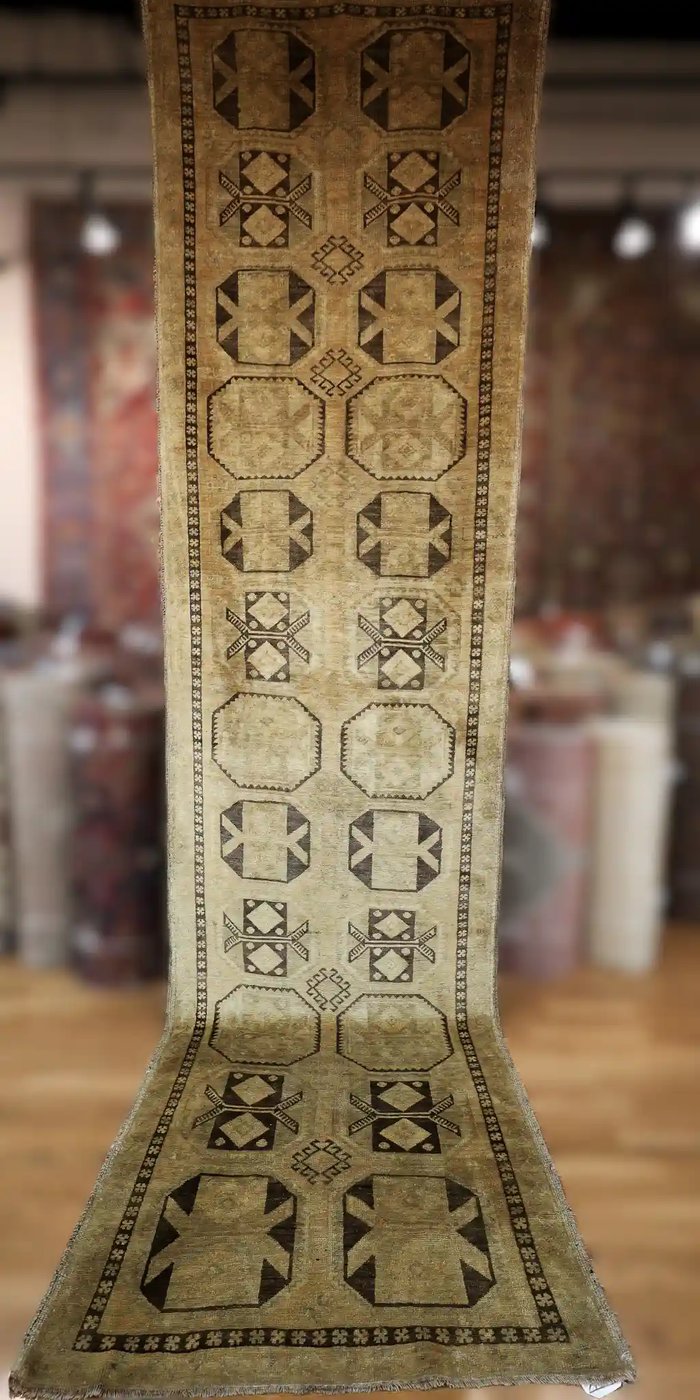 4′ x 14′ Beige Fine Hand-Knotted Vintage Turkish Oushak Runner – Traditional Wool