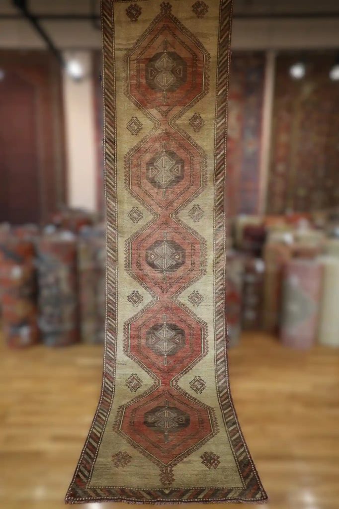 3′ x 13′ Beige Fine Hand-Knotted Vintage Turkish Oushak Runner – Traditional Wool