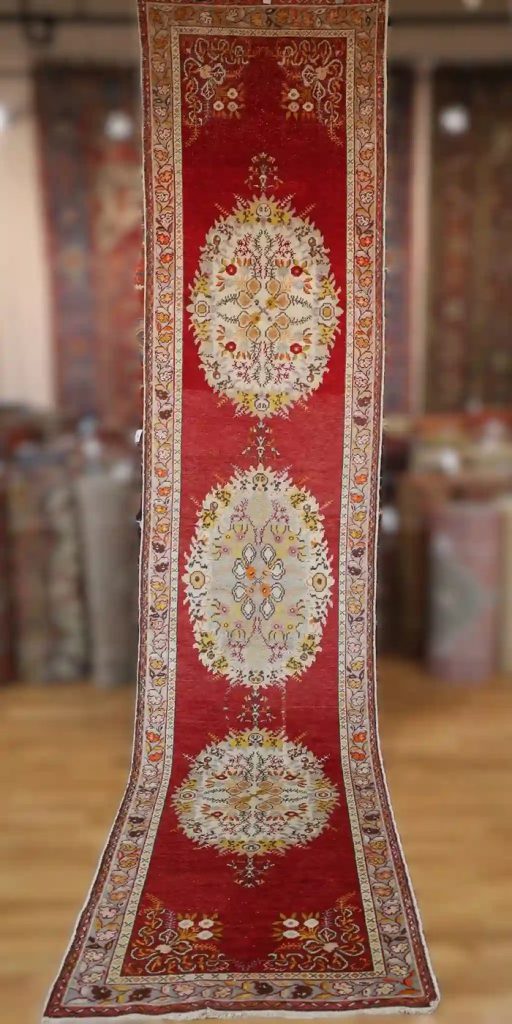 4′ x 15′ Red Fine Hand-Knotted Vintage Turkish Oushak Runner – Traditional Wool