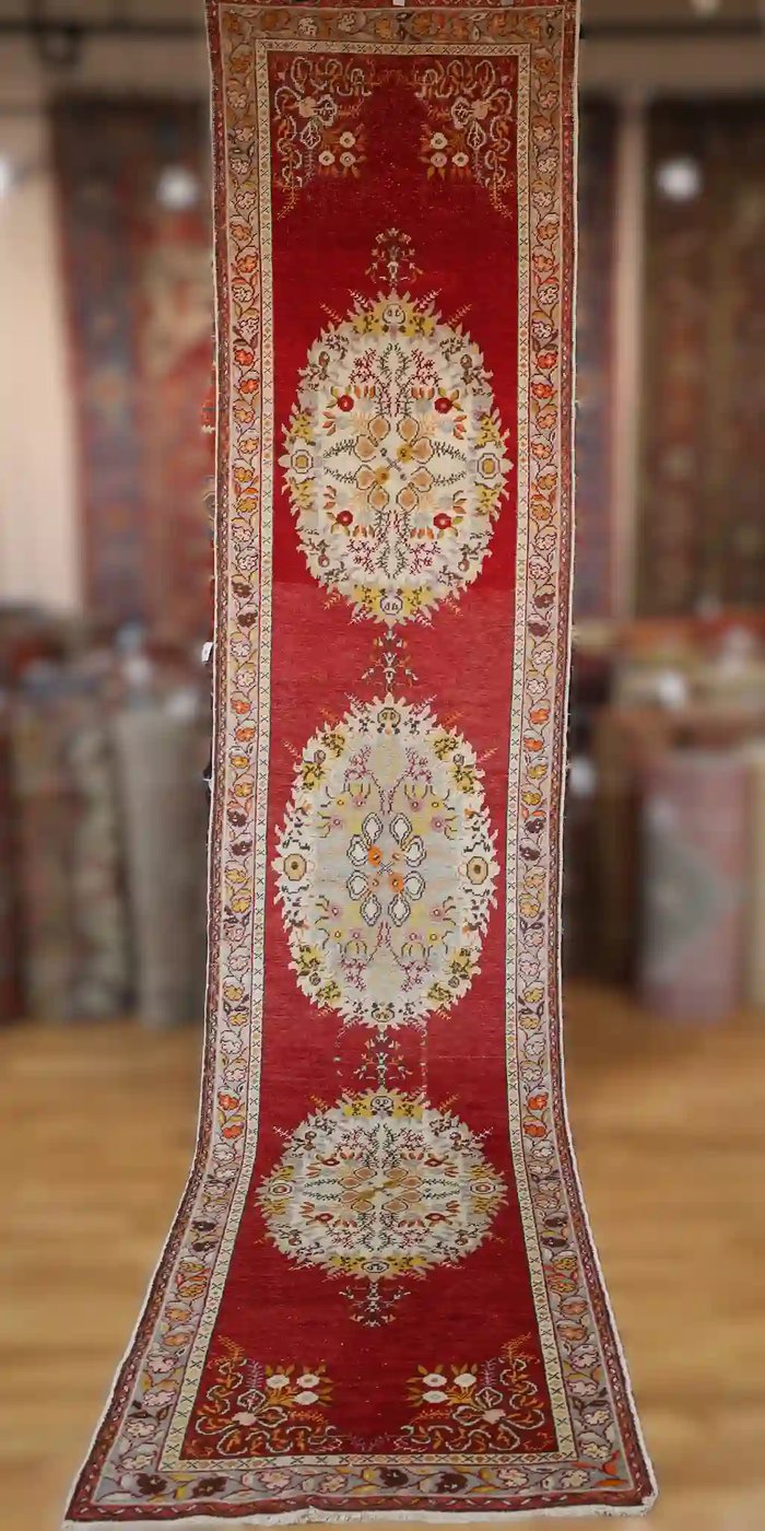 4′ x 15′ Red Fine Hand-Knotted Vintage Turkish Oushak Runner – Traditional Wool
