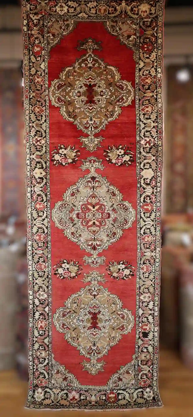 4′ x 11′ Red Fine Hand-Knotted Vintage Turkish Oushak Runner – Traditional Wool