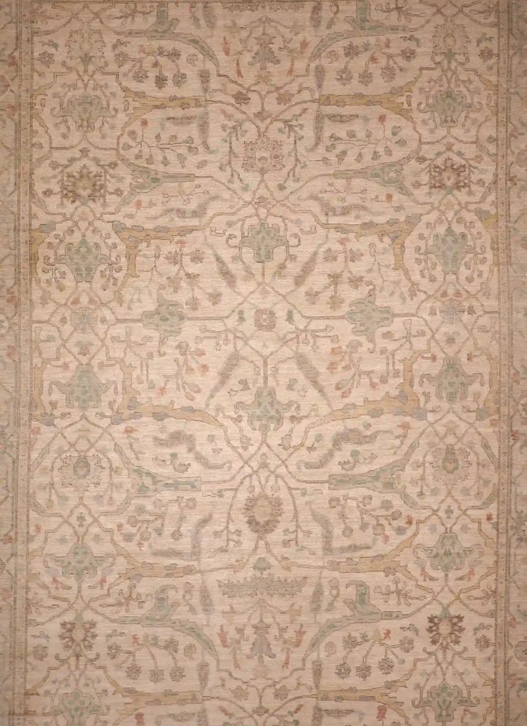 12′ x 18′ Beige Fine Hand-Knotted Pakistan Oushak Rug – Traditional Wool