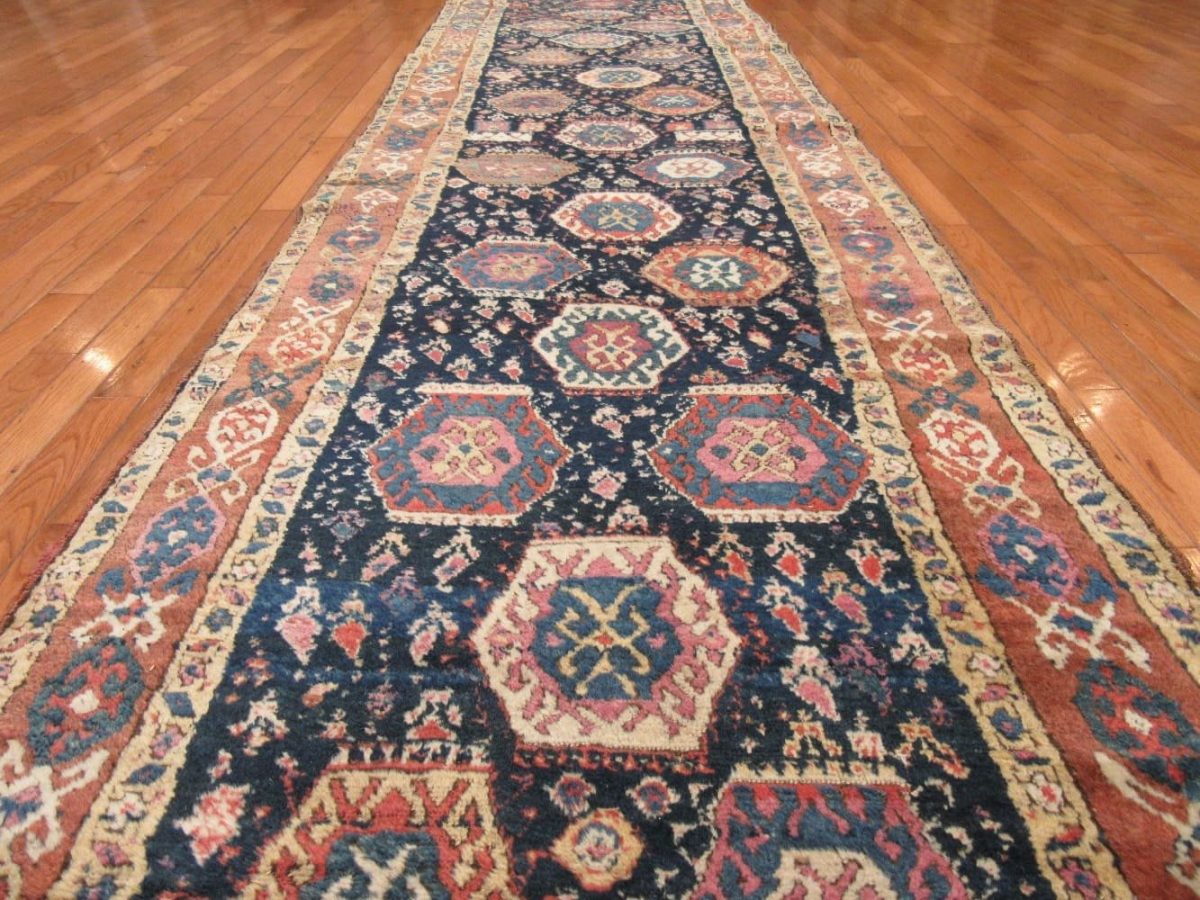 3′ x 13′ Antique Caucasian Ganjeh Navy Tribal Runner Rug – Traditional Wool