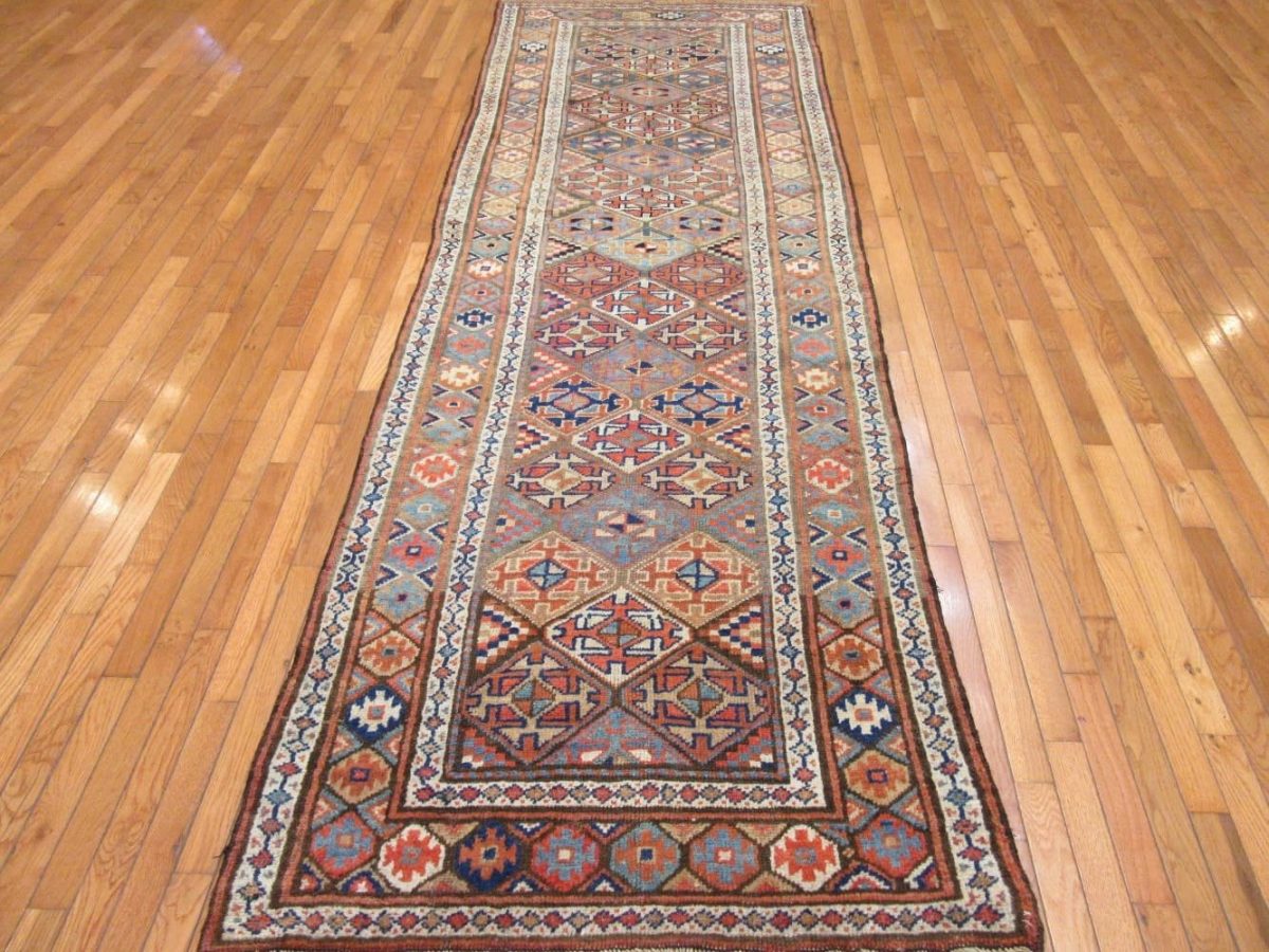 3′ x 12′ Caucasian Kazak Blue Geometric Runner Rug – Traditional Hand Knotted Wool