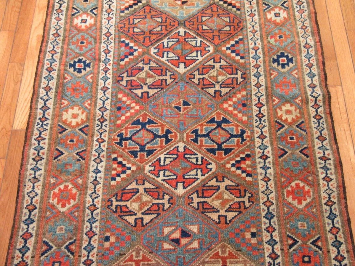 3′ x 12′ Caucasian Kazak Blue Geometric Runner Rug – Traditional Hand Knotted Wool