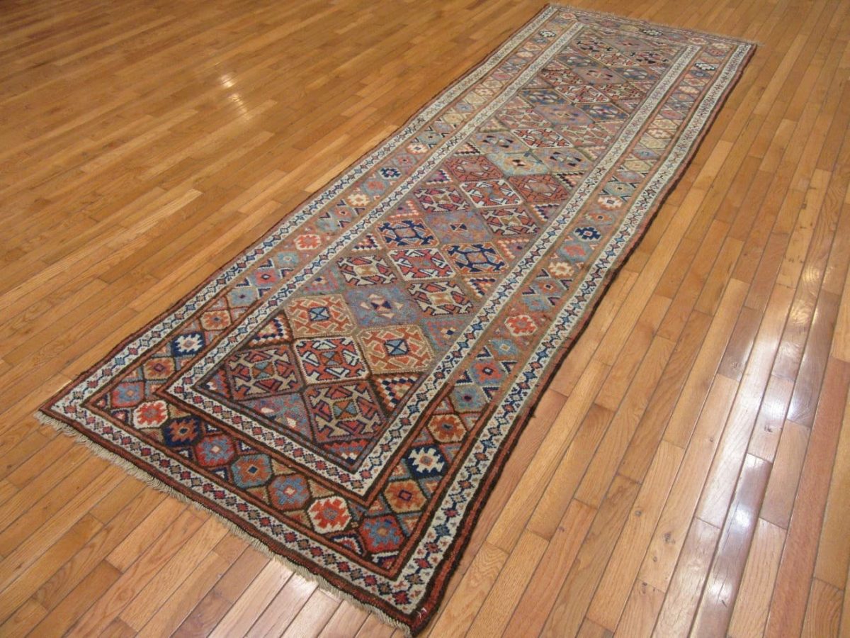 3′ x 12′ Caucasian Kazak Blue Geometric Runner Rug – Traditional Hand Knotted Wool