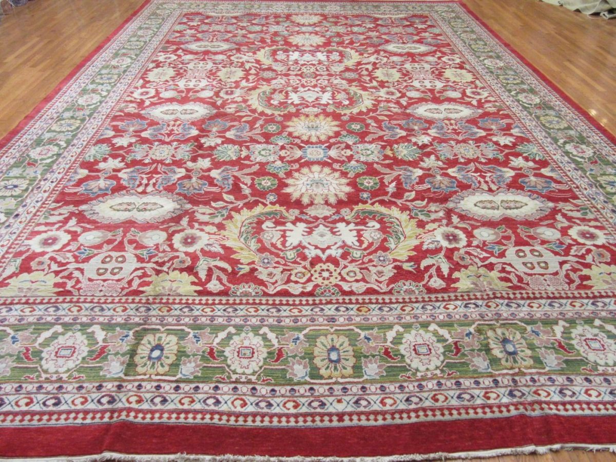 14′ x 20′ Terracotta and Sage Green Hand-Knotted Vintage Egyptian Sultanabad Design Rug – Grand Scale Wool