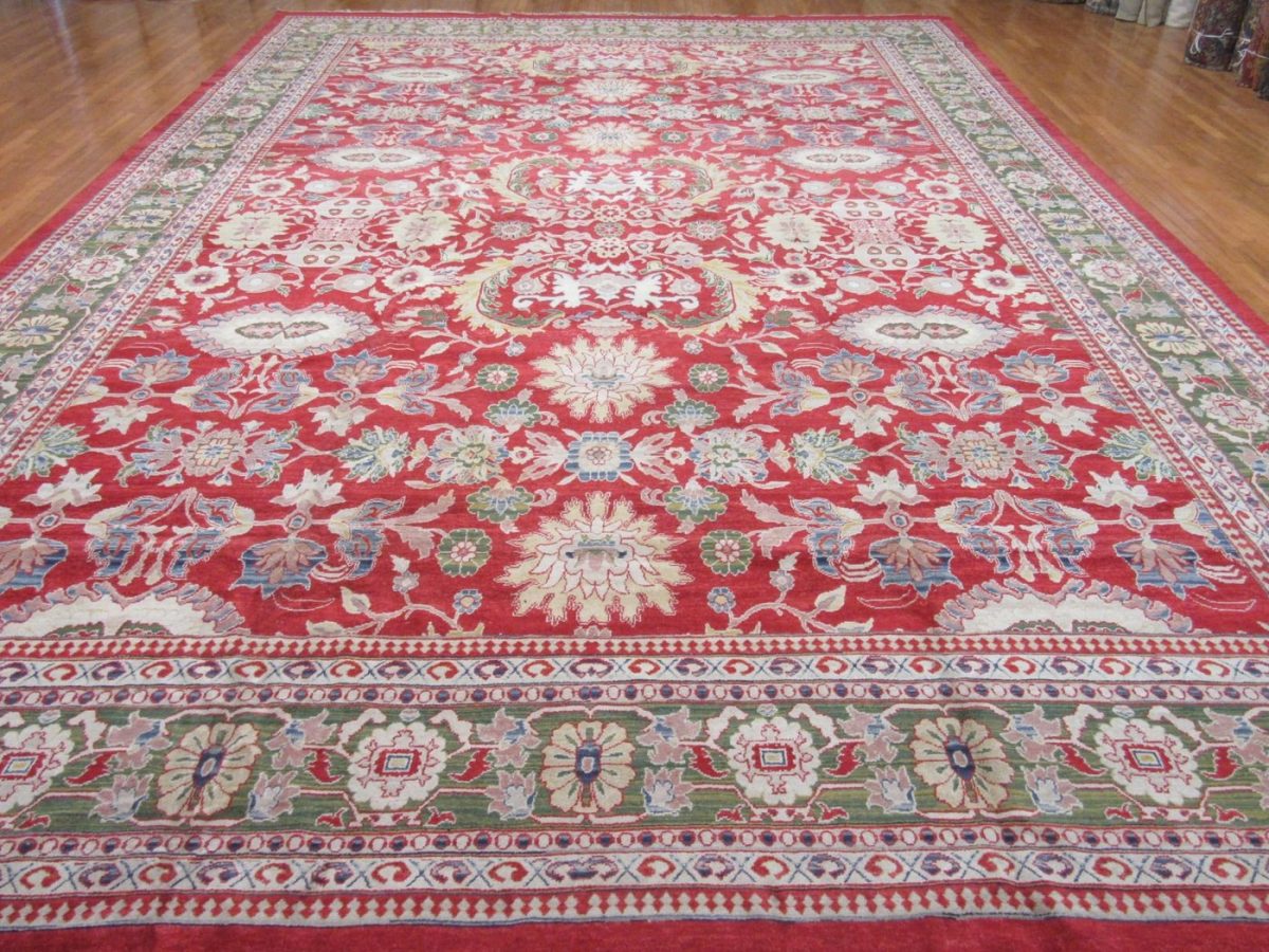 14′ x 20′ Terracotta and Sage Green Hand-Knotted Vintage Egyptian Sultanabad Design Rug – Grand Scale Wool