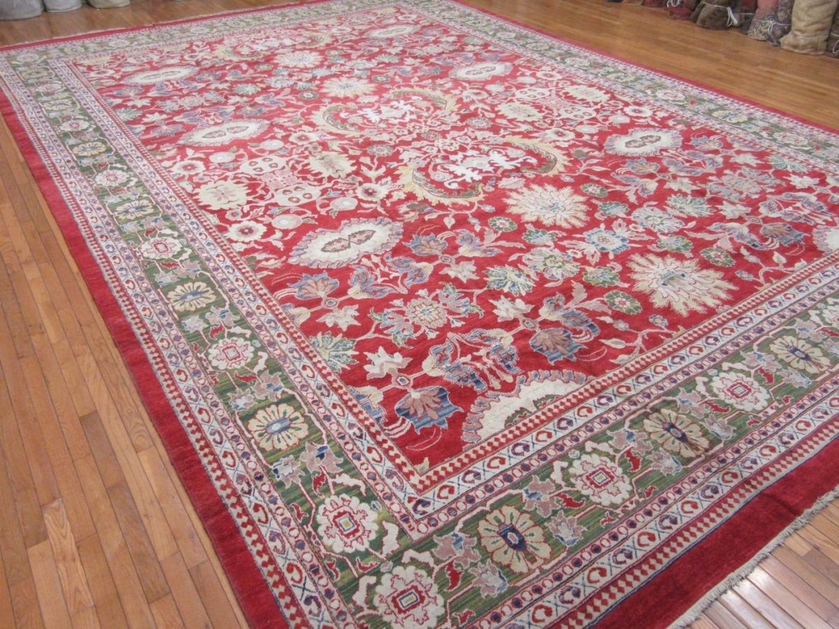 14′ x 20′ Terracotta and Sage Green Hand-Knotted Vintage Egyptian Sultanabad Design Rug – Grand Scale Wool