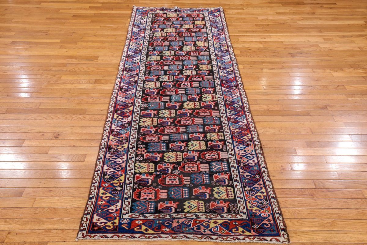 3′ x 9′ Midnight Black and Jewel-Toned Hand-Knotted Antique Caucasian Seychur Shirvan Runner – Collector’s Wool