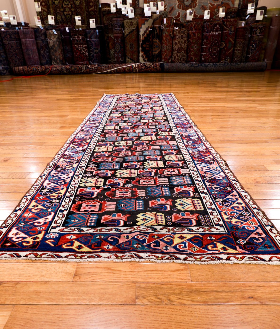 3′ x 9′ Midnight Black and Jewel-Toned Hand-Knotted Antique Caucasian Seychur Shirvan Runner – Collector’s Wool