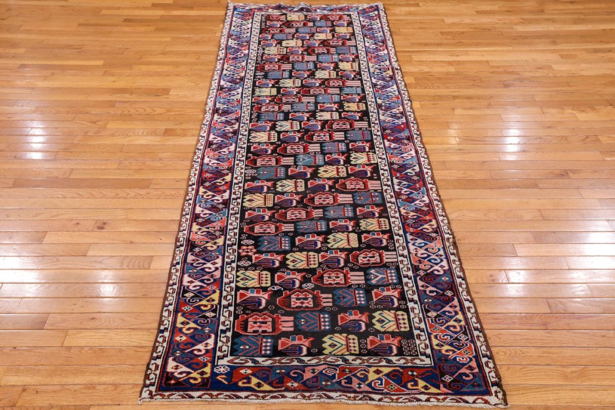 3′ x 9′ Midnight Black and Jewel-Toned Hand-Knotted Antique Caucasian Seychur Shirvan Runner – Collector’s Wool