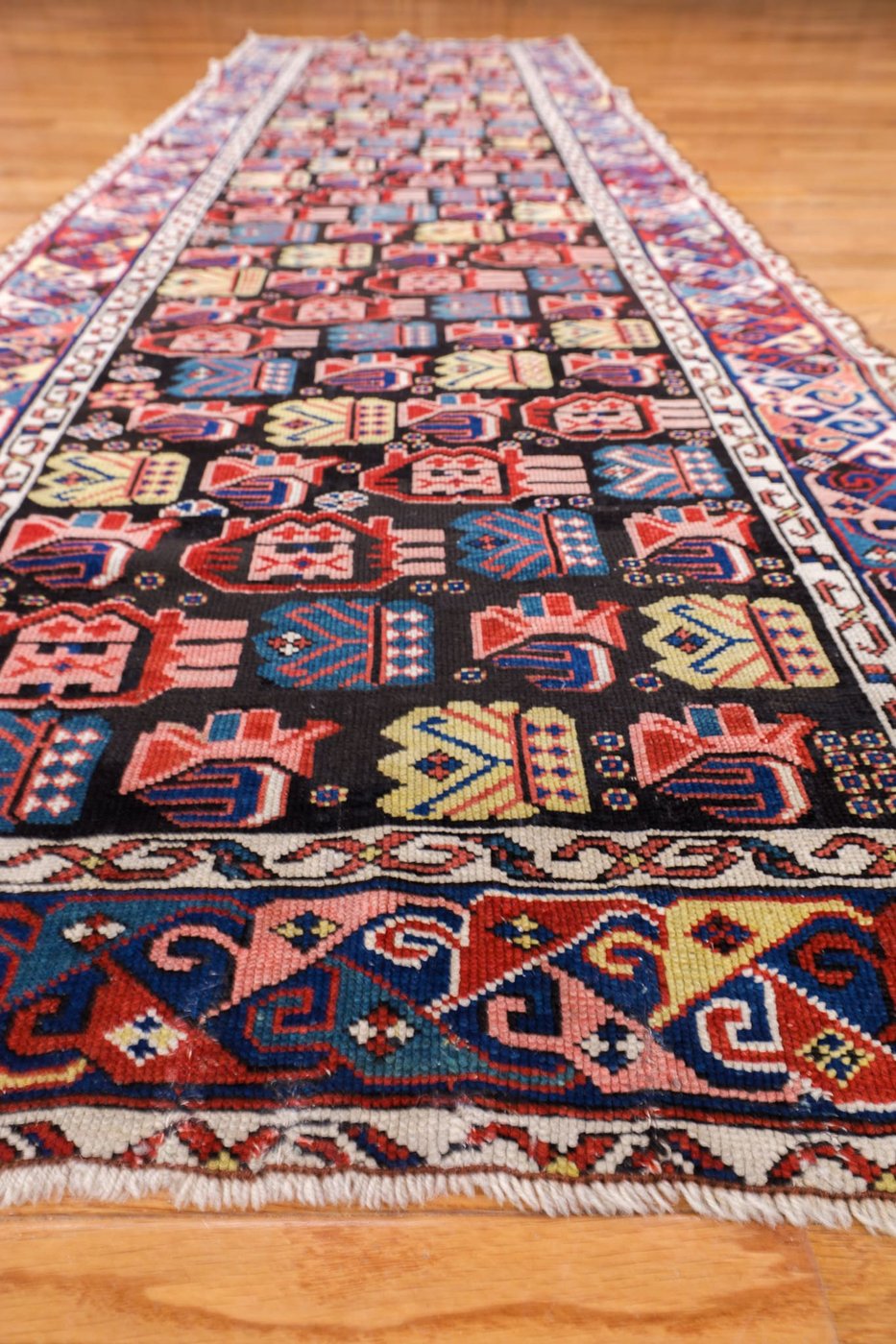 3′ x 9′ Midnight Black and Jewel-Toned Hand-Knotted Antique Caucasian Seychur Shirvan Runner – Collector’s Wool