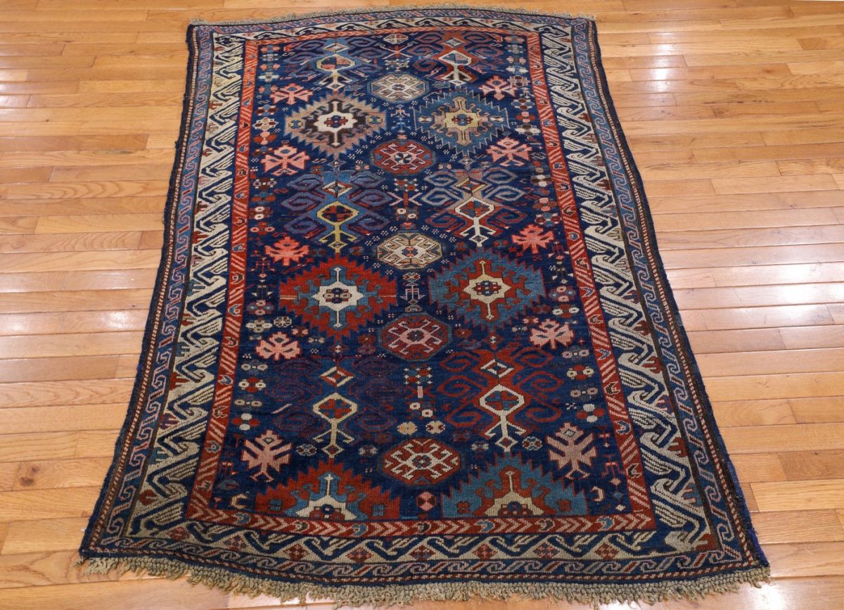 4′ x 6′ Indigo and Crimson Hand-Knotted Antique Caucasian Bird Shirvan Rug – Investment Grade Wool on Wool