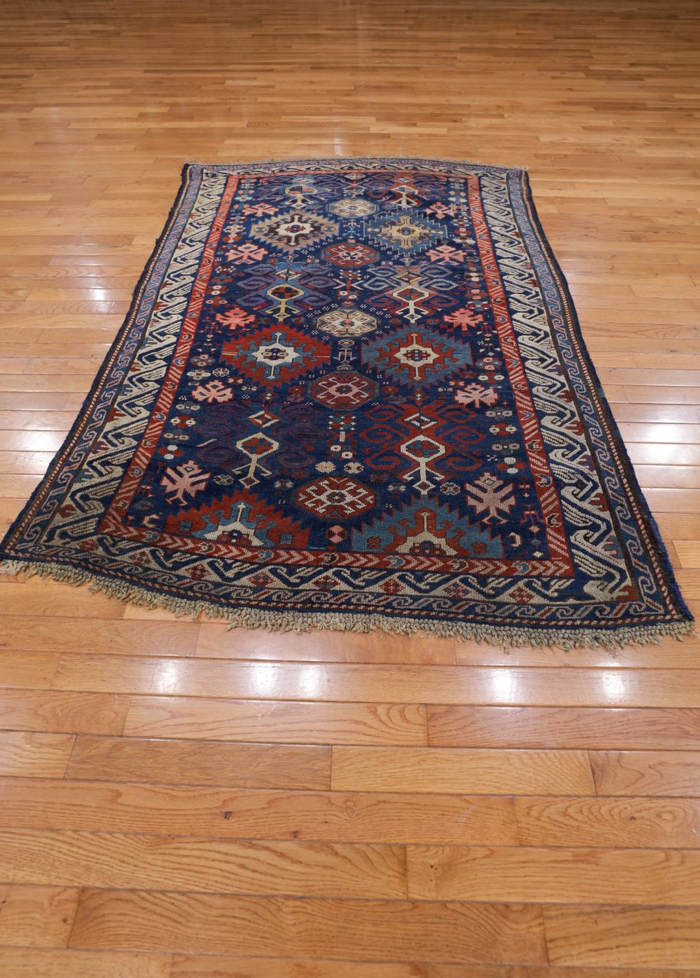 4′ x 6′ Indigo and Crimson Hand-Knotted Antique Caucasian Bird Shirvan Rug – Investment Grade Wool on Wool