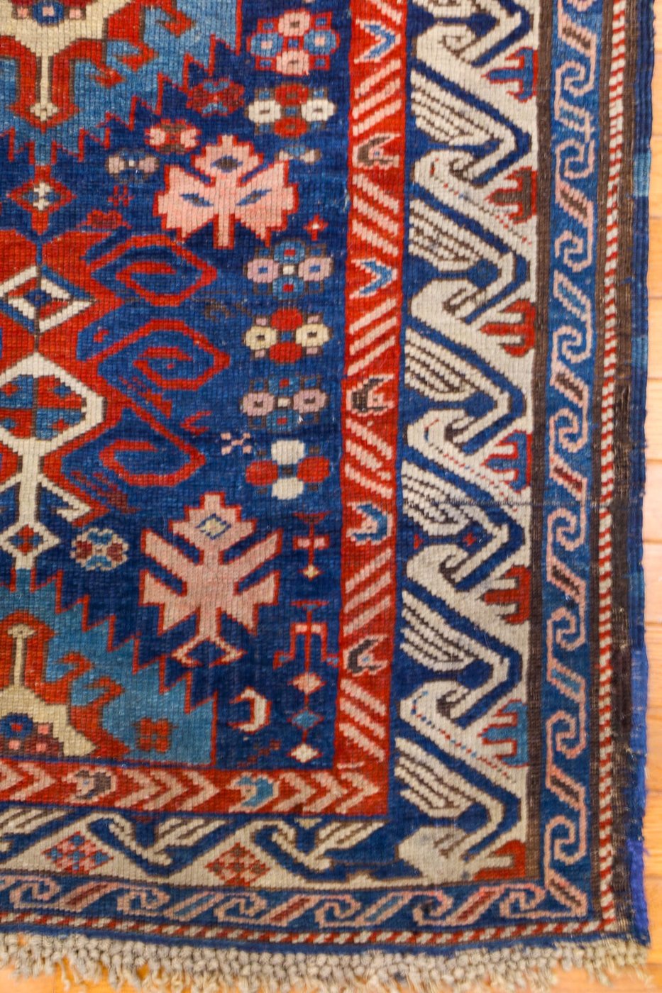 4′ x 6′ Indigo and Crimson Hand-Knotted Antique Caucasian Bird Shirvan Rug – Investment Grade Wool on Wool