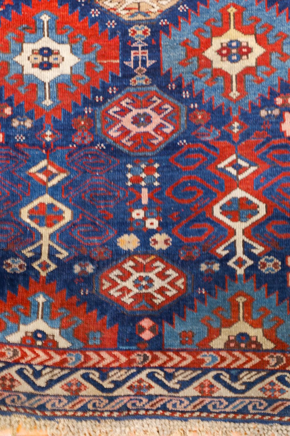 4′ x 6′ Indigo and Crimson Hand-Knotted Antique Caucasian Bird Shirvan Rug – Investment Grade Wool on Wool