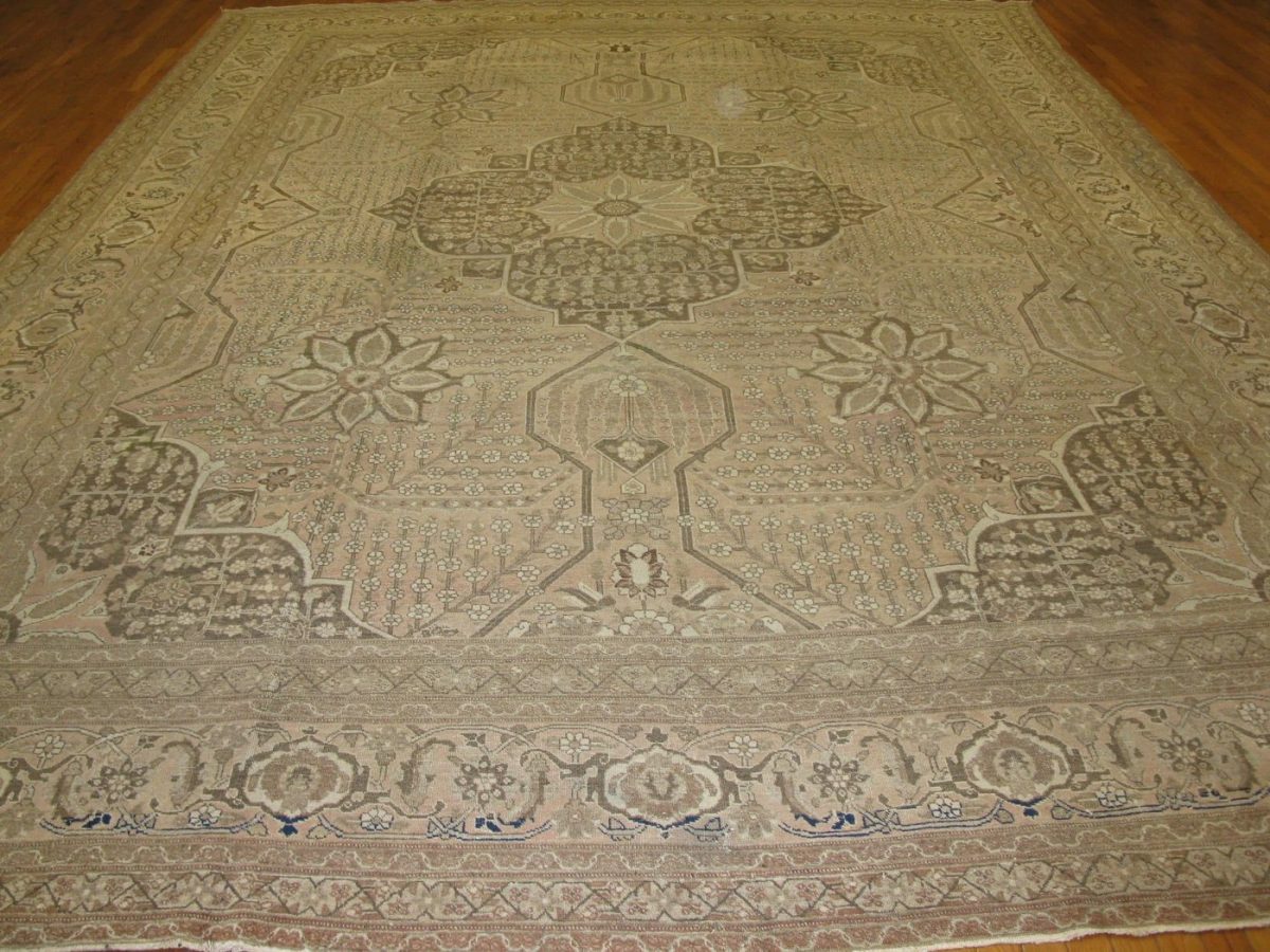 11′ x 15′ Antique Persian Tabriz Rug Beige Hand Knotted Wool