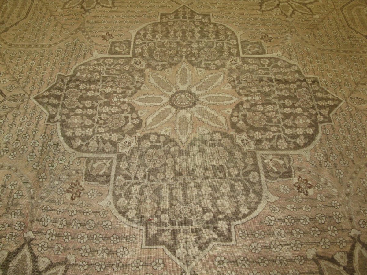 11′ x 15′ Antique Persian Tabriz Rug Beige Hand Knotted Wool