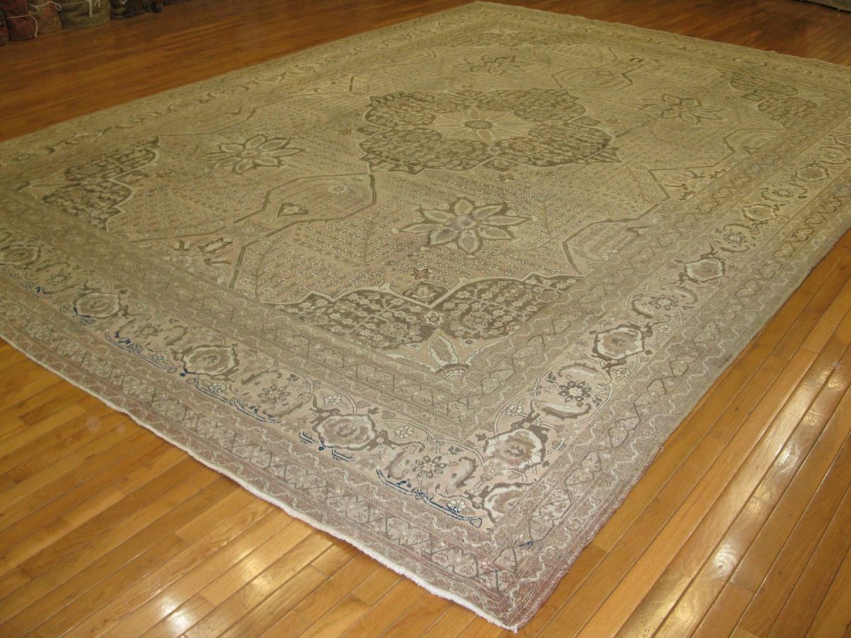 11′ x 15′ Antique Persian Tabriz Rug Beige Hand Knotted Wool