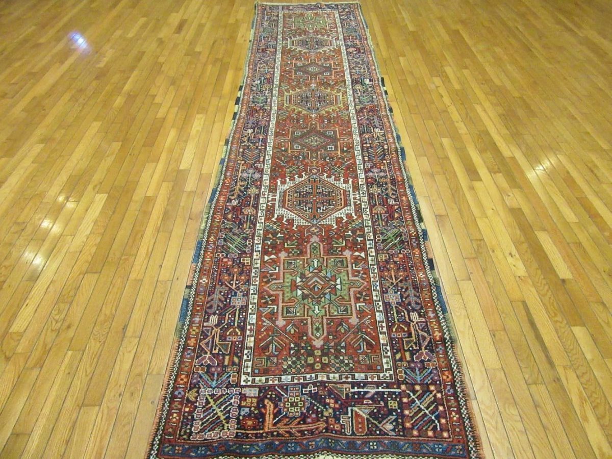 3′ x 13′ Antique Persian Heriz Runner Rug Red Blue Hand Knotted Wool