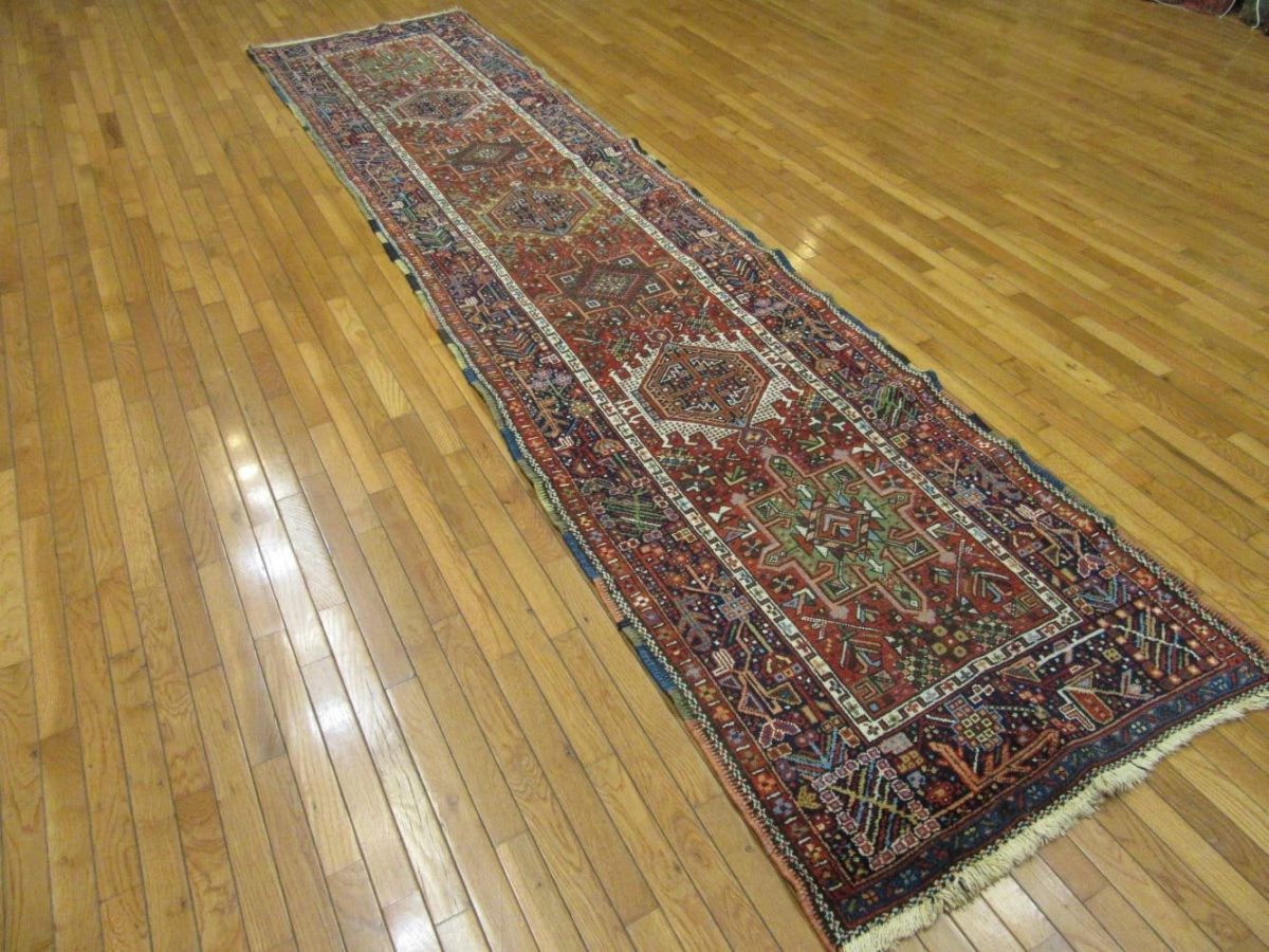 3′ x 13′ Antique Persian Heriz Runner Rug Red Blue Hand Knotted Wool