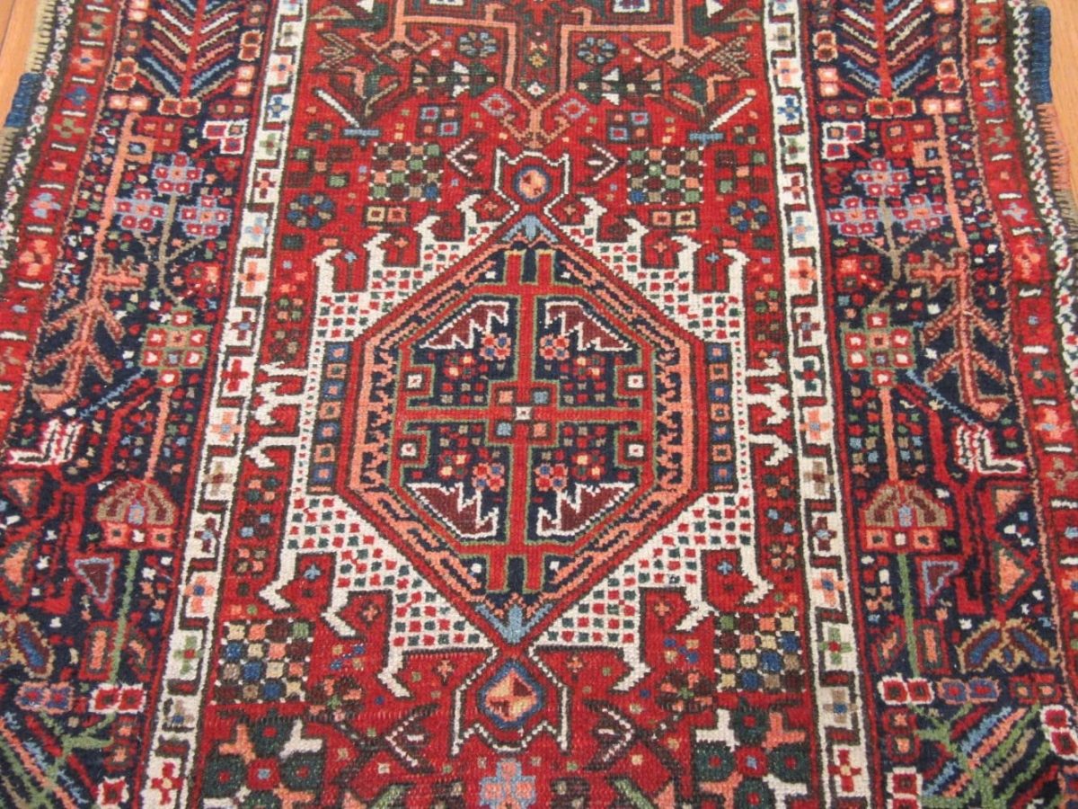 3′ x 13′ Antique Persian Heriz Runner Rug Red Blue Hand Knotted Wool