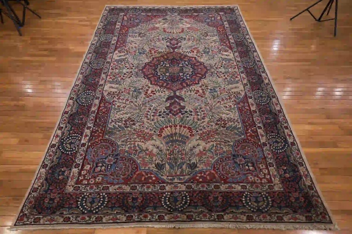 7′ x 10′ Ivory and Indigo Hand-Knotted Antique Persian Kerman Rug – Investment Grade Wool