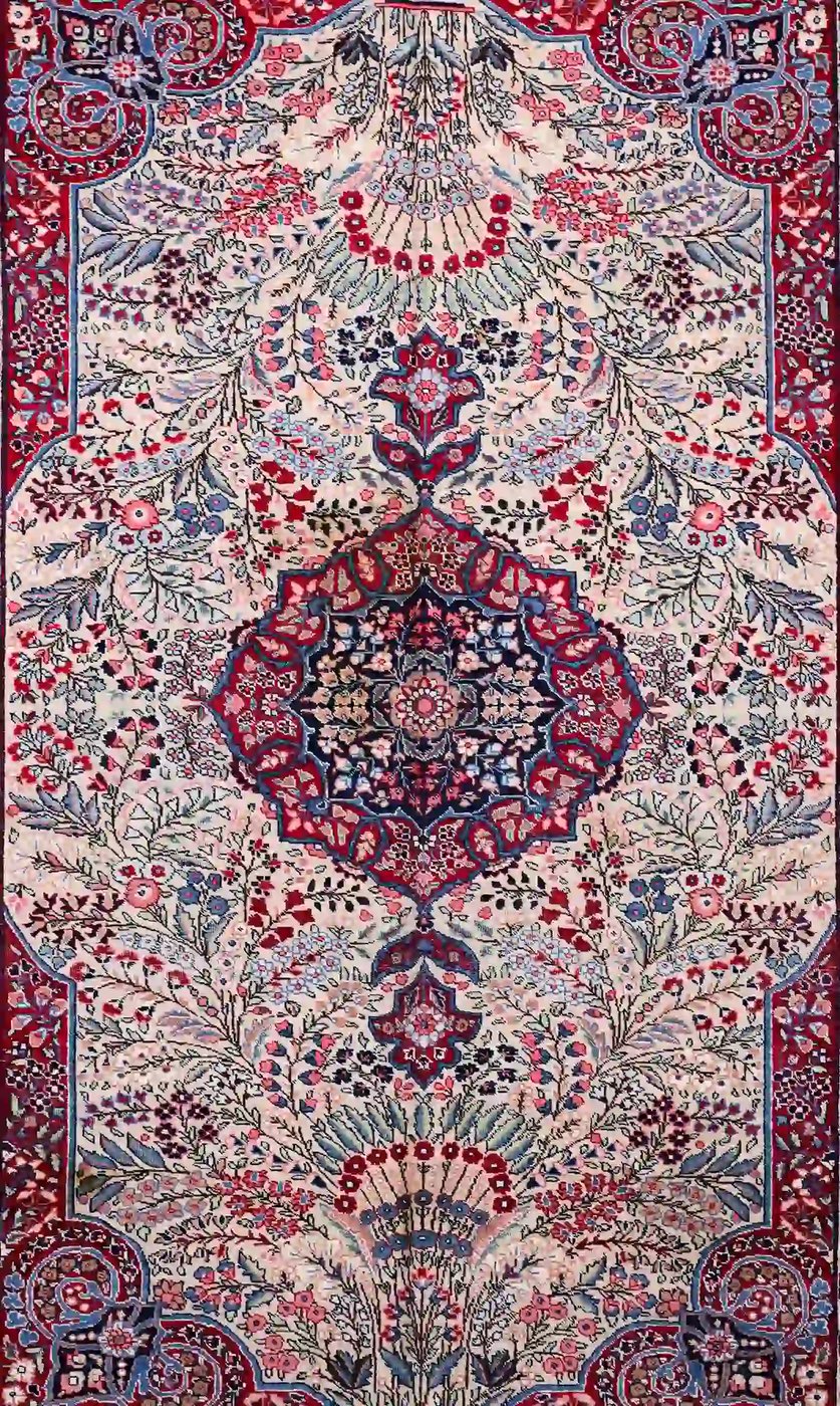 7′ x 10′ Ivory and Indigo Hand-Knotted Antique Persian Kerman Rug – Investment Grade Wool