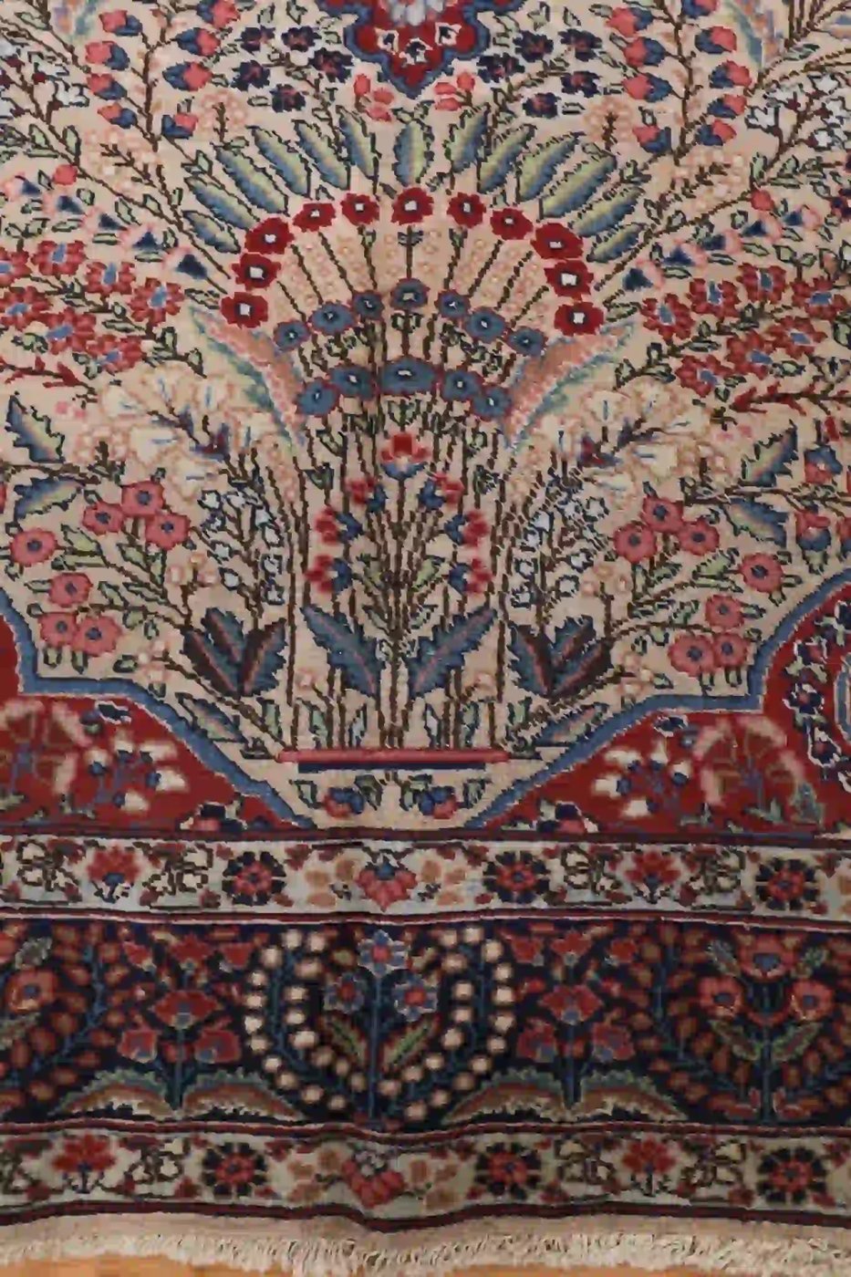 7′ x 10′ Ivory and Indigo Hand-Knotted Antique Persian Kerman Rug – Investment Grade Wool