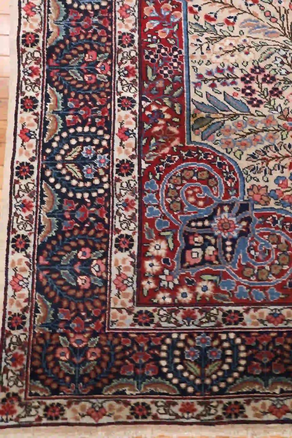 7′ x 10′ Ivory and Indigo Hand-Knotted Antique Persian Kerman Rug – Investment Grade Wool