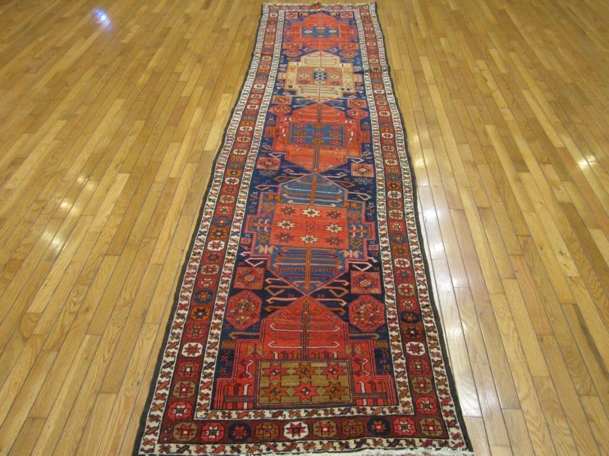 3′ x 11′ Antique Persian Karajeh Rug Red Blue Hand Knotted Wool
