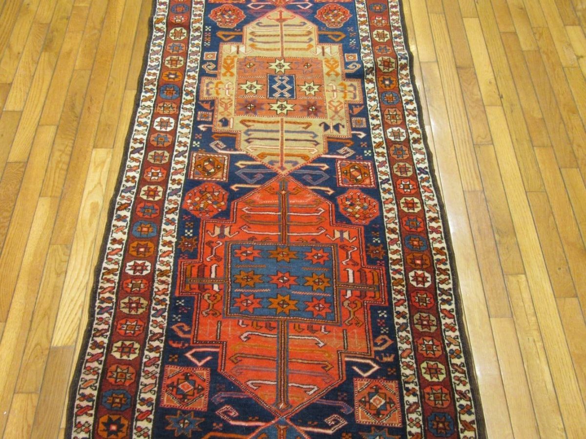 3′ x 11′ Antique Persian Karajeh Rug Red Blue Hand Knotted Wool