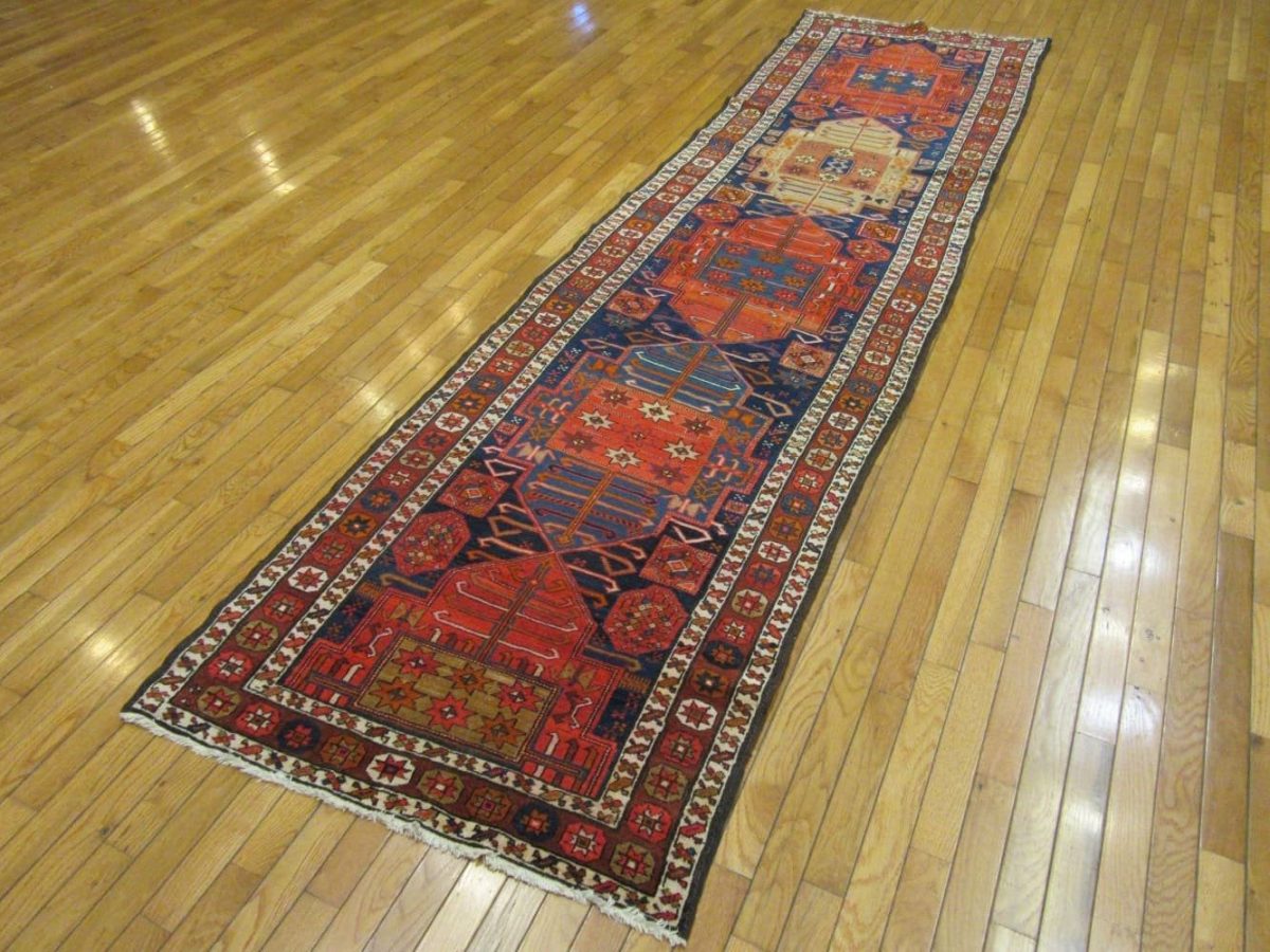 3′ x 11′ Antique Persian Karajeh Rug Red Blue Hand Knotted Wool