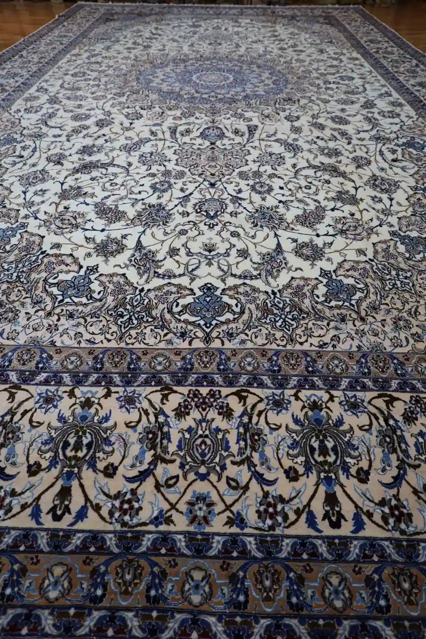 15′ x 26′ Palace Size Ivory and Blue Hand-Knotted Vintage Persian Nain Rug – Premium Wool