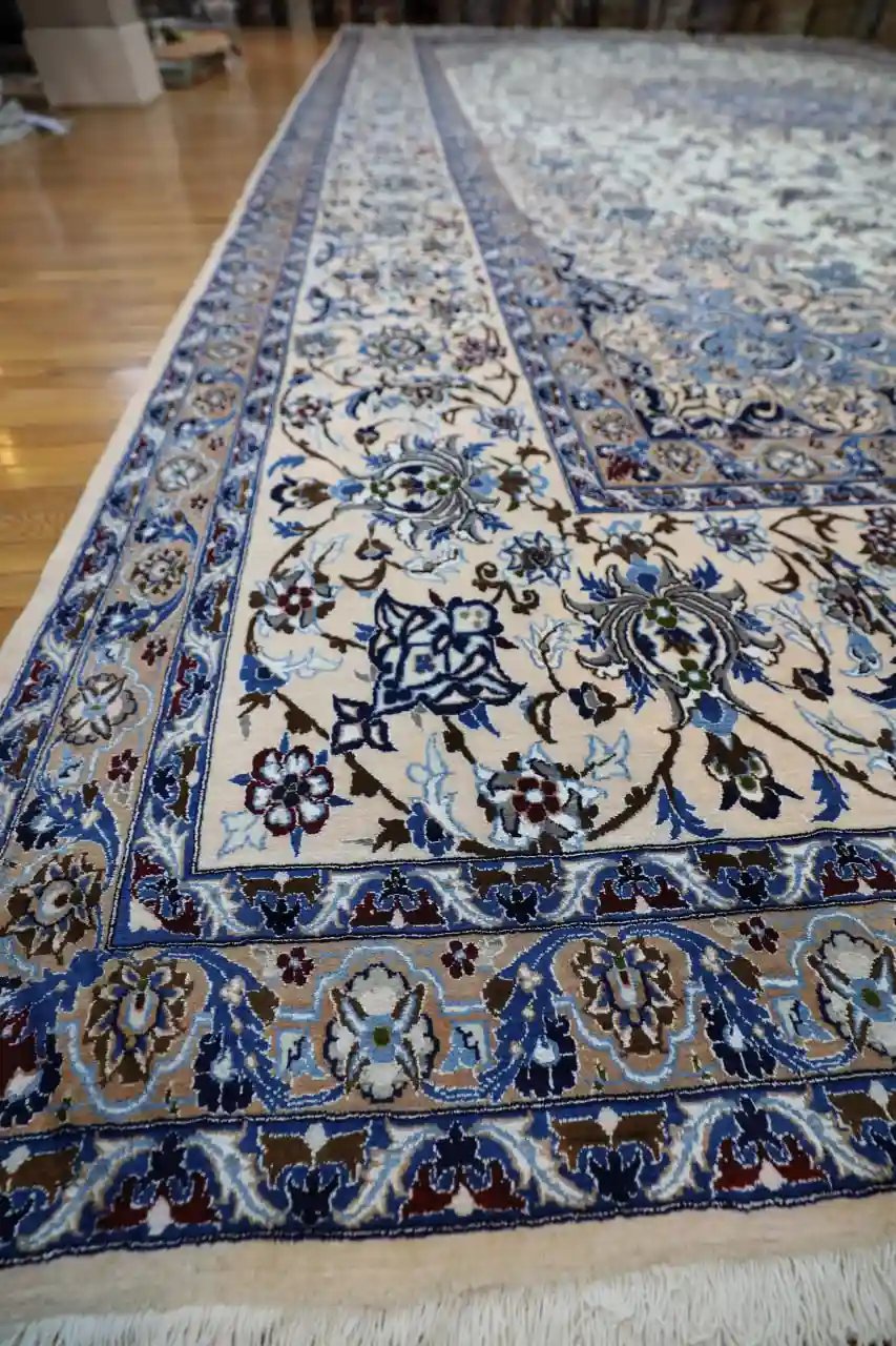 15′ x 26′ Palace Size Ivory and Blue Hand-Knotted Vintage Persian Nain Rug – Premium Wool