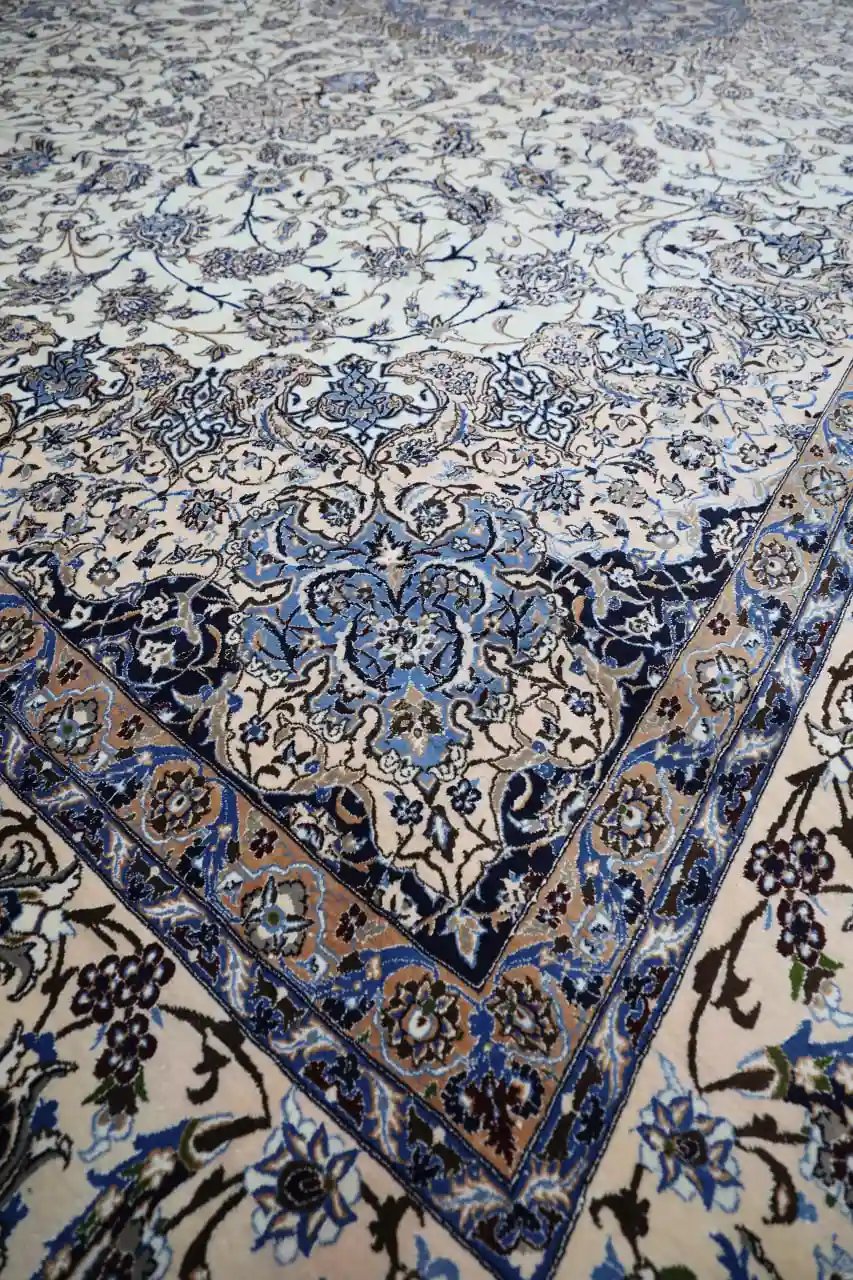 15′ x 26′ Palace Size Ivory and Blue Hand-Knotted Vintage Persian Nain Rug – Premium Wool