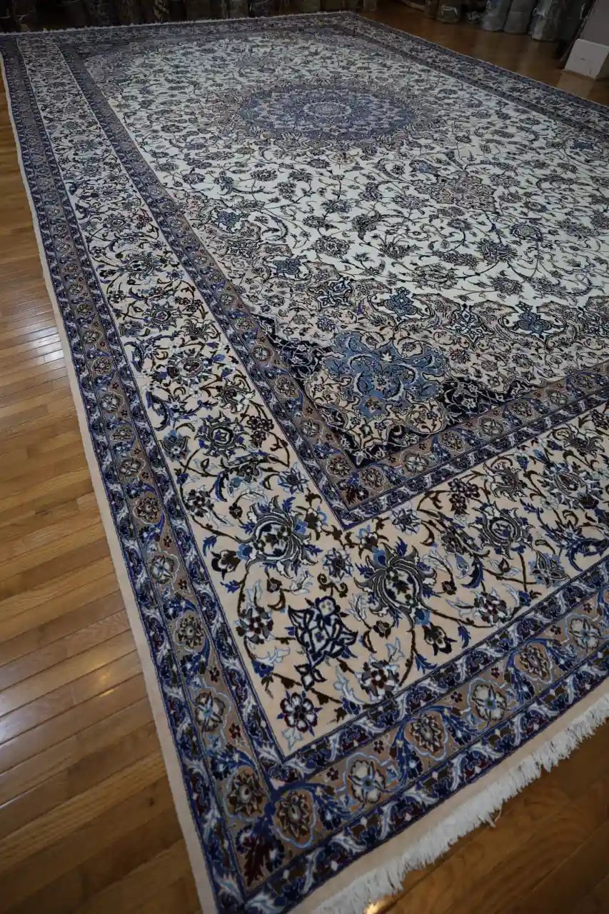 15′ x 26′ Palace Size Ivory and Blue Hand-Knotted Vintage Persian Nain Rug – Premium Wool