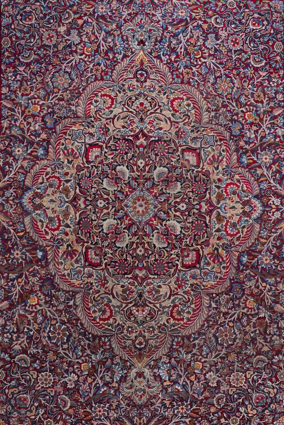 10′ x 13′ Red Fine Hand-Knotted Semi-Antique Persian Kerman Rug – Traditional Wool