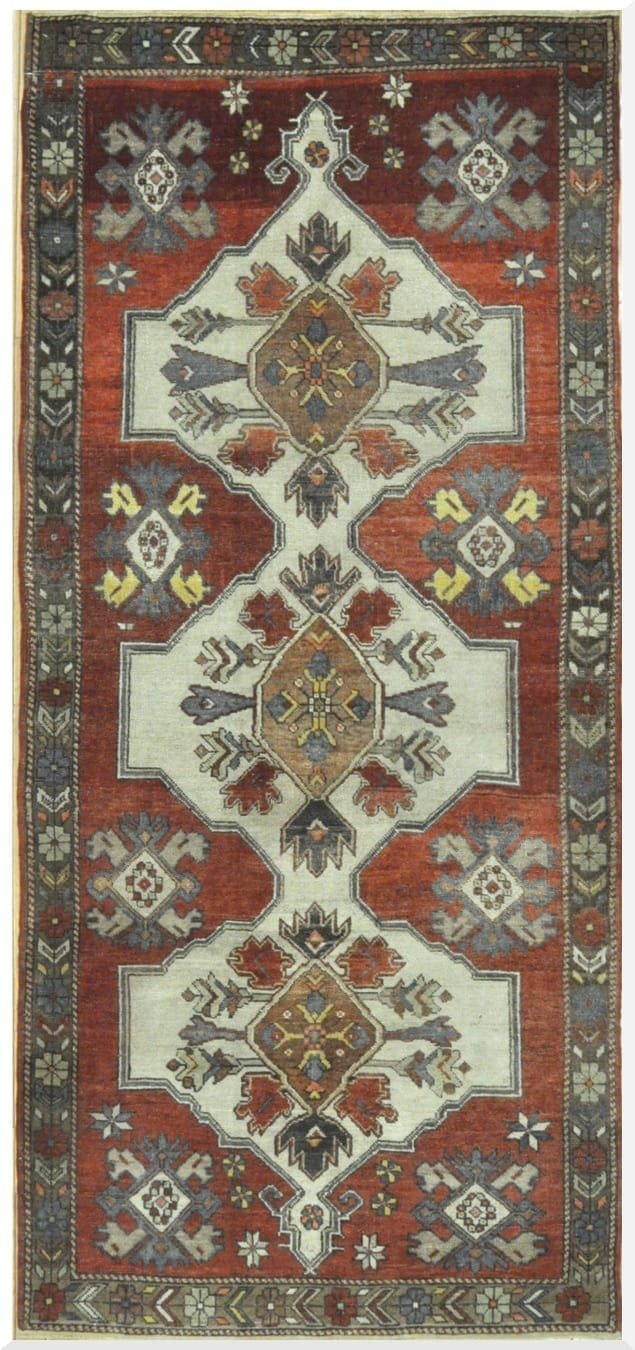 4′ x 9′ Red Fine Hand-Knotted Turkish Vintage Tribal Rug – Traditional Wool
