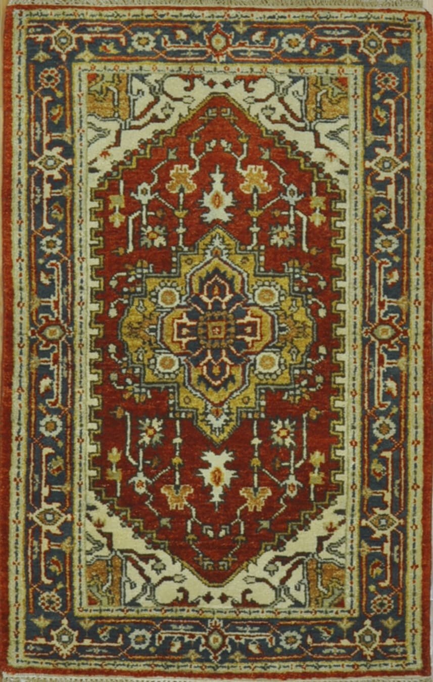 3′ x 5′ Red Fine Hand-Knotted Indian Serapi Design Rug – Traditional Wool