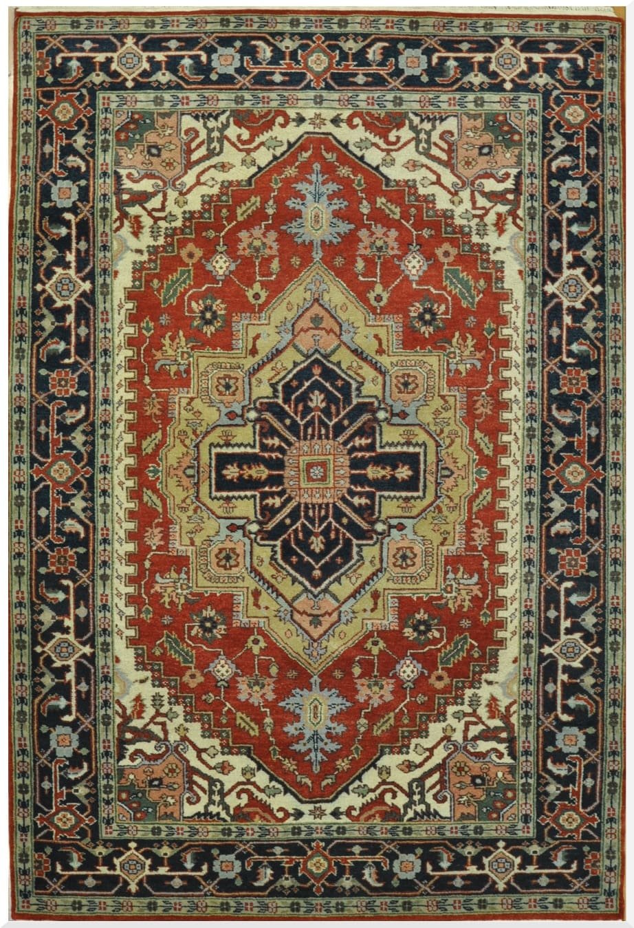 6′ x 9′ Red Fine Hand-Knotted Indian Serapi Design Rug – Traditional Wool