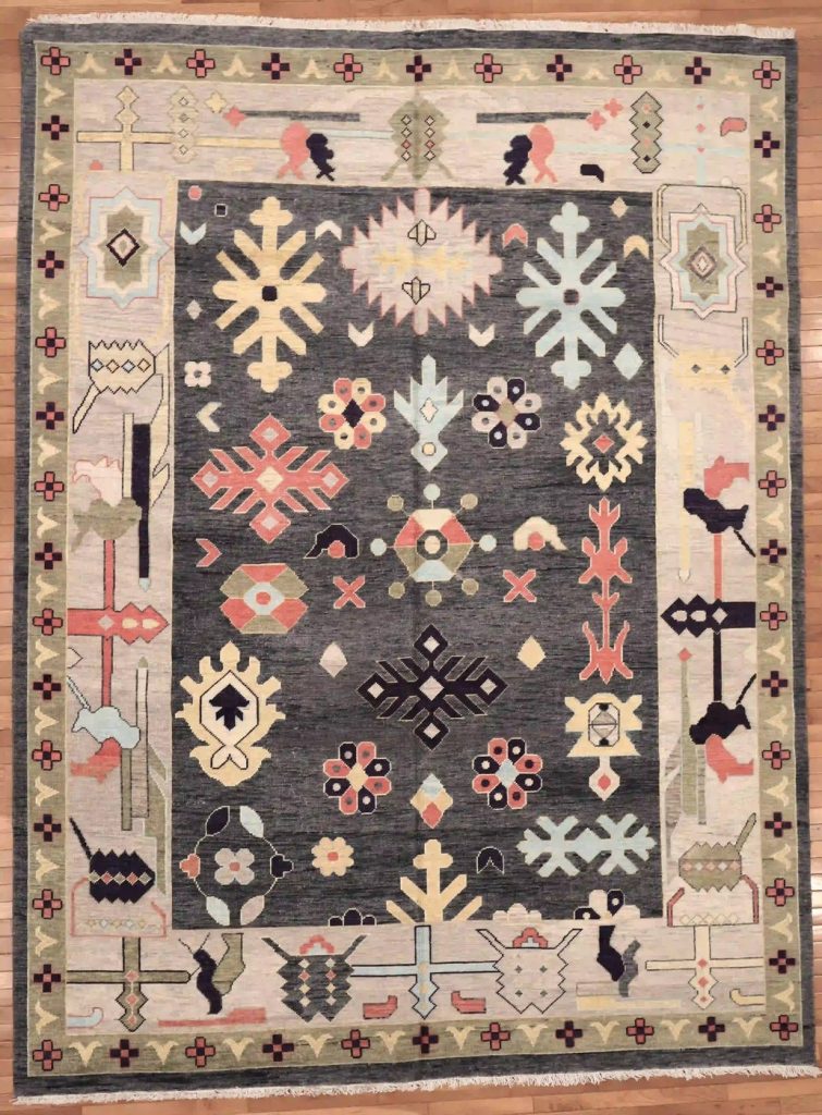 9′ x 12′ Charcoal Grey Hand-Knotted New Turkish Oushak Rug – Transitional Wool