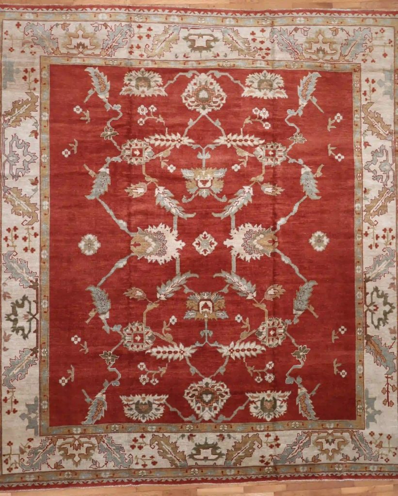 12′ x 13′ Red Fine Hand-Knotted Turkish Oushak Rug – Traditional Wool