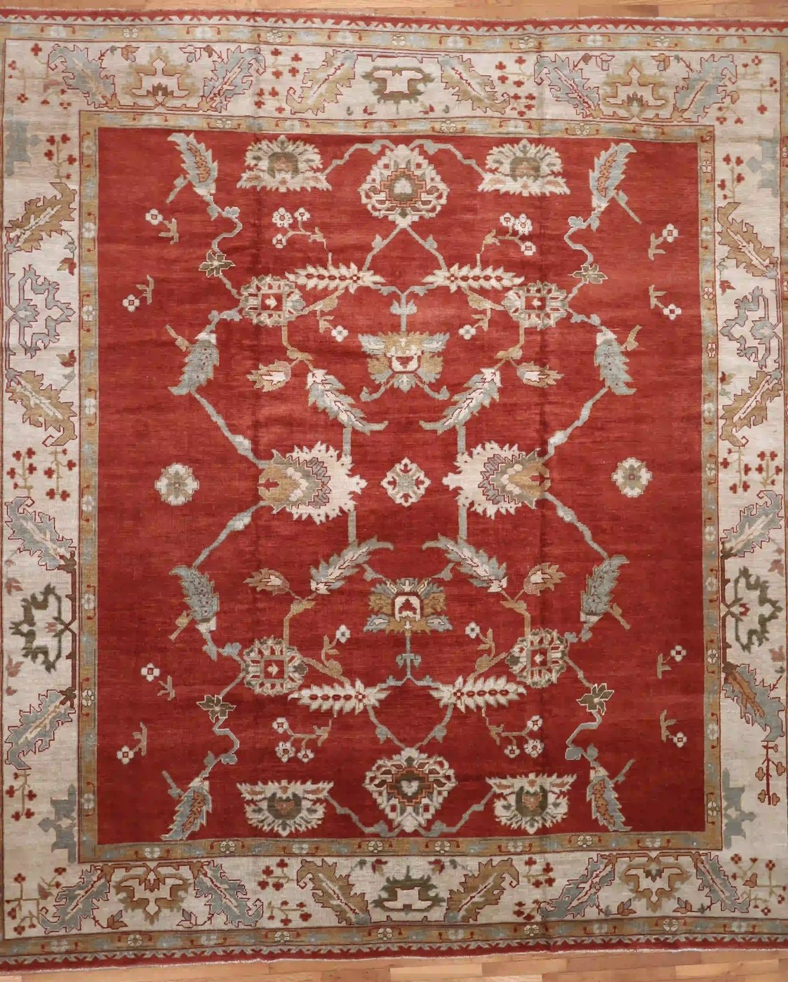 12′ x 13′ Red Fine Hand-Knotted Turkish Oushak Rug – Traditional Wool