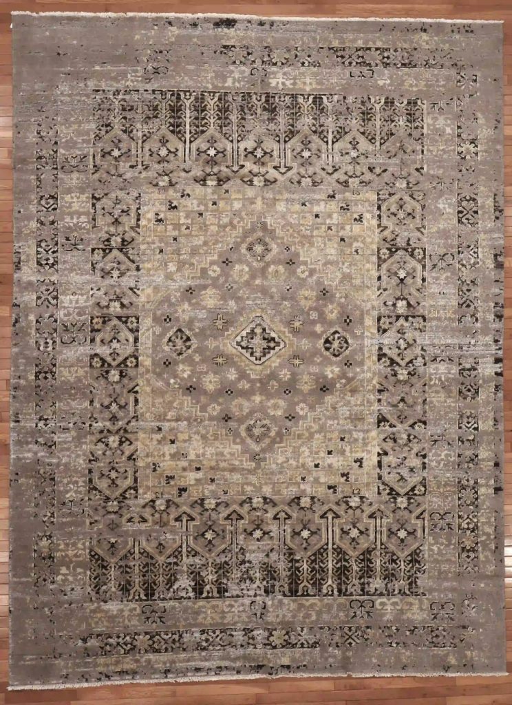 9′ x 12′ Grey Fine Hand-Knotted Indian Contemporary Rug – Transitional Wool