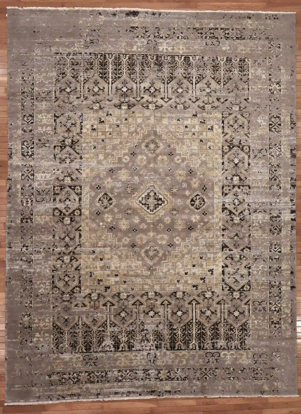9′ x 12′ Grey Fine Hand-Knotted Indian Contemporary Rug – Transitional Wool