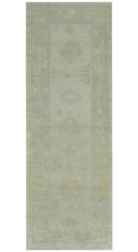 2′ x 8′ Light Green Fine Hand-Knotted Turkish Oushak Rug – Transitional Wool